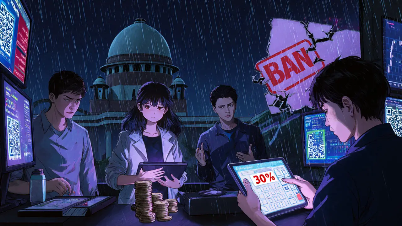 Young Indian traders in a neon-lit crypto floor, holographic charts and tax calculator showing 30% tax.