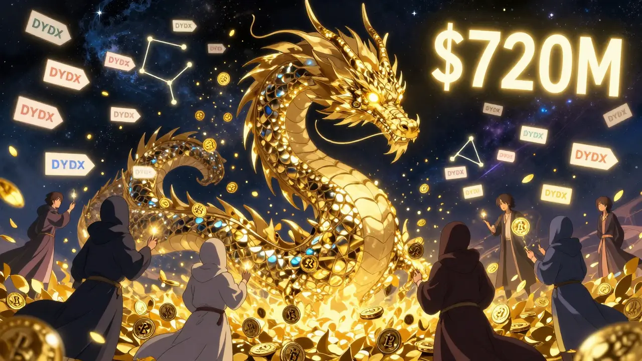 A cosmic dragon made of code encircles crypto assets as DYDX tokens fall like golden leaves.