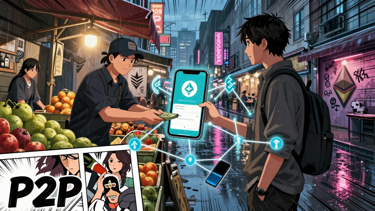 A covert P2P crypto trade happening at a market, with phones connecting via Bluetooth mesh network.