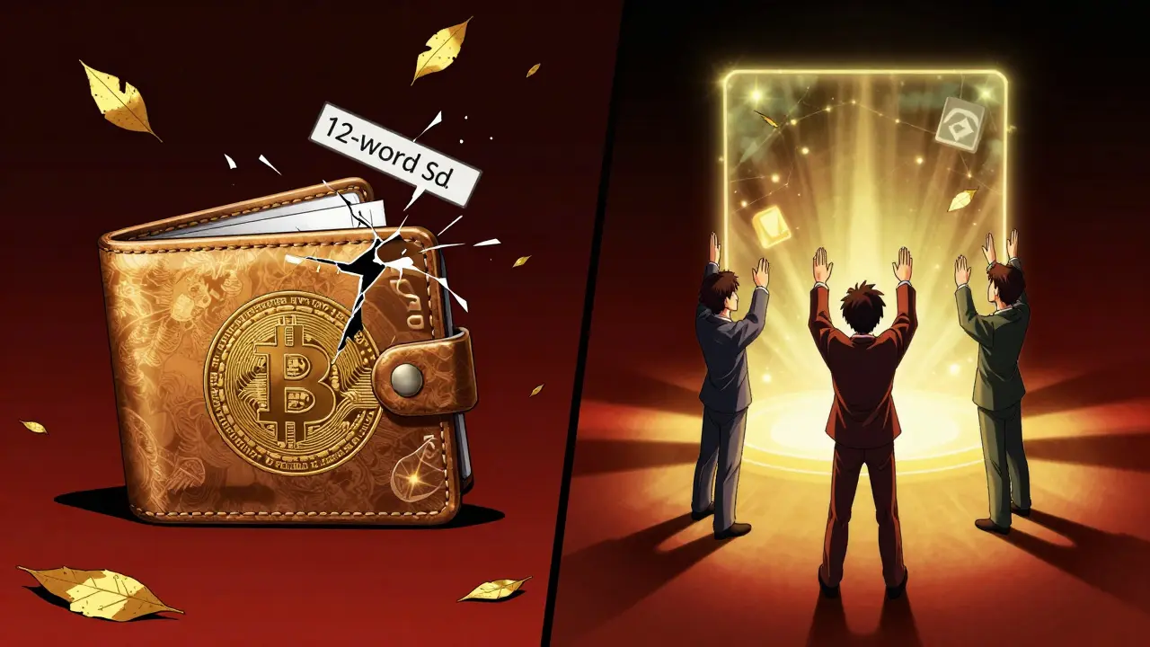 A cracked seed phrase fading away as three guardians approve wallet recovery with glowing hands.