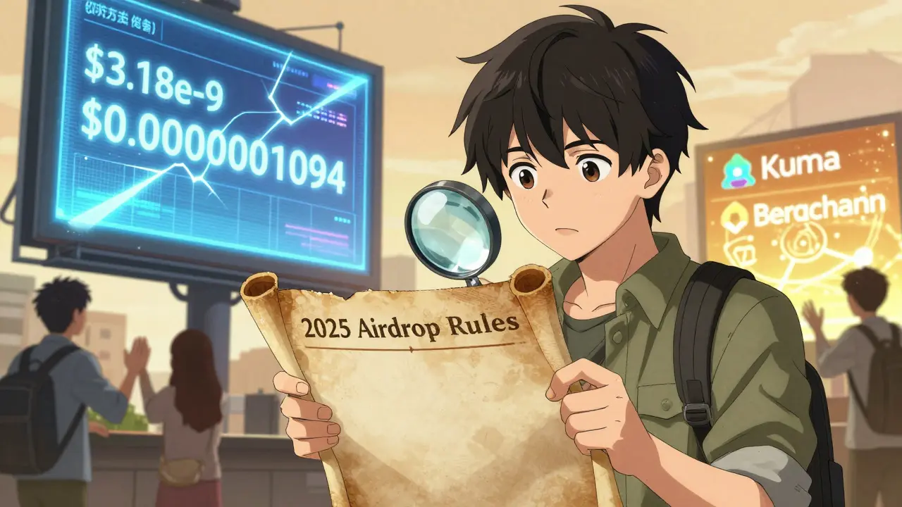 A crypto hunter examining a blank airdrop scroll while fake price predictions fade away.