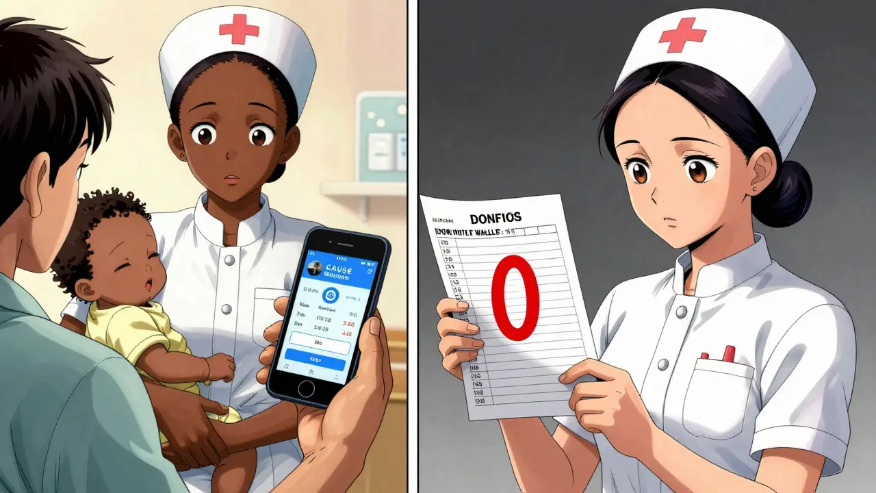 A donor gives a phone to a nurse, but the donation ledger shows zero funds.