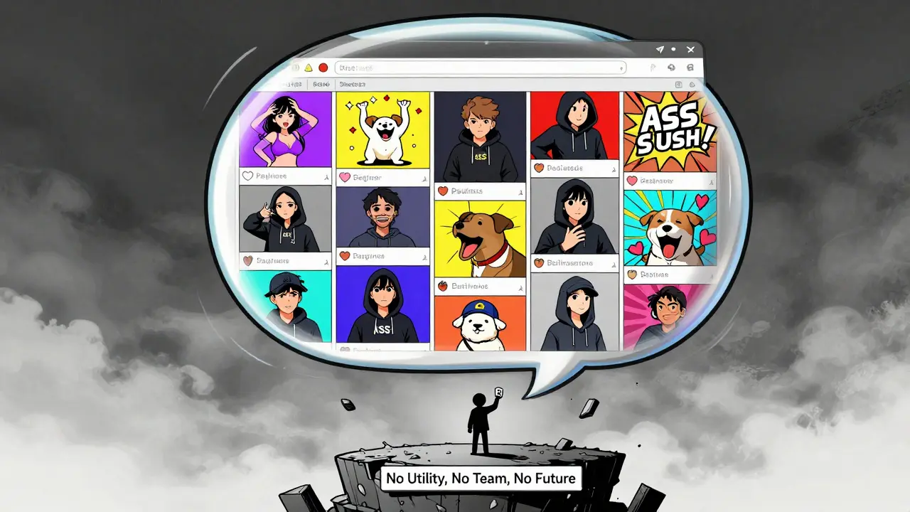 A floating Discord server shaped like a meme bubble with users posting ASS-themed content, while one person holds a lone token.