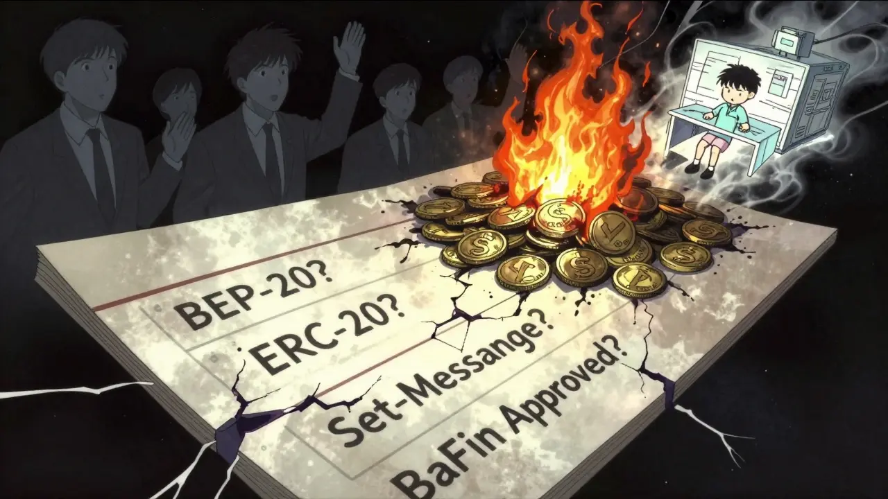 A fractured blockchain ledger displays conflicting labels as tokens burn and a child&#039;s drawing fades.