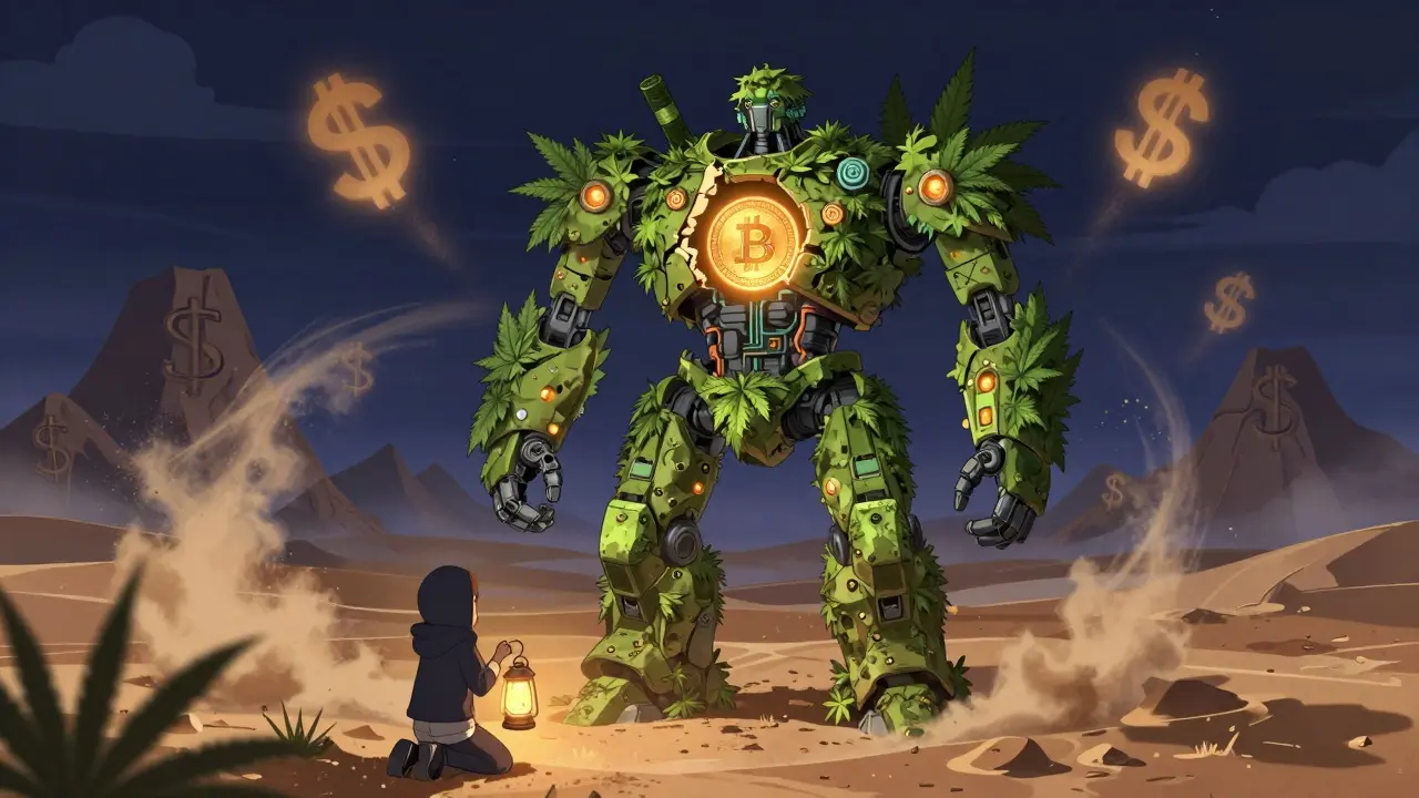 A giant cannabis-and-blockchain robot in a desert, cracked chest revealing a flickering PotCoin, tiny figure with lantern.