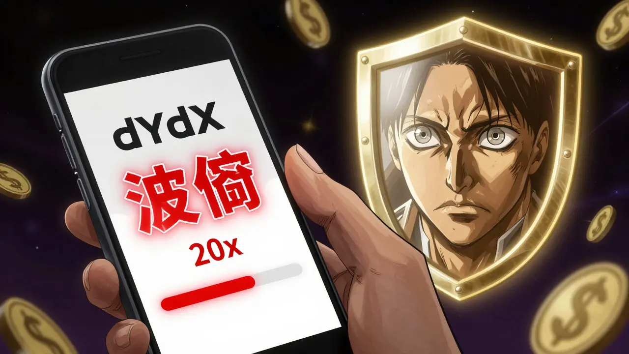 A hand near a mobile dYdX app with a red leverage slider and a glowing insurance shield protecting the position.