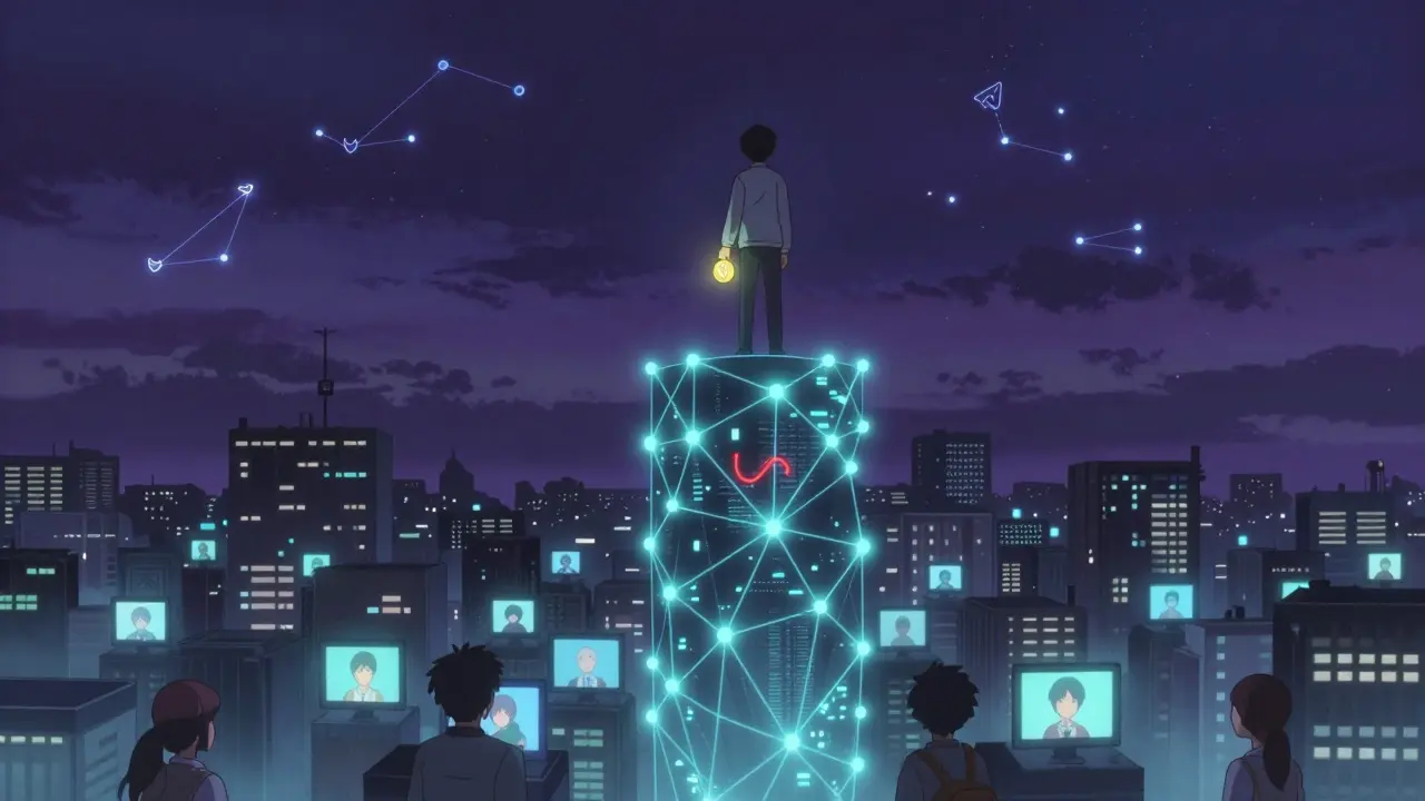 A lone figure atop a blockchain city holding a glowing IF token as others fade away.