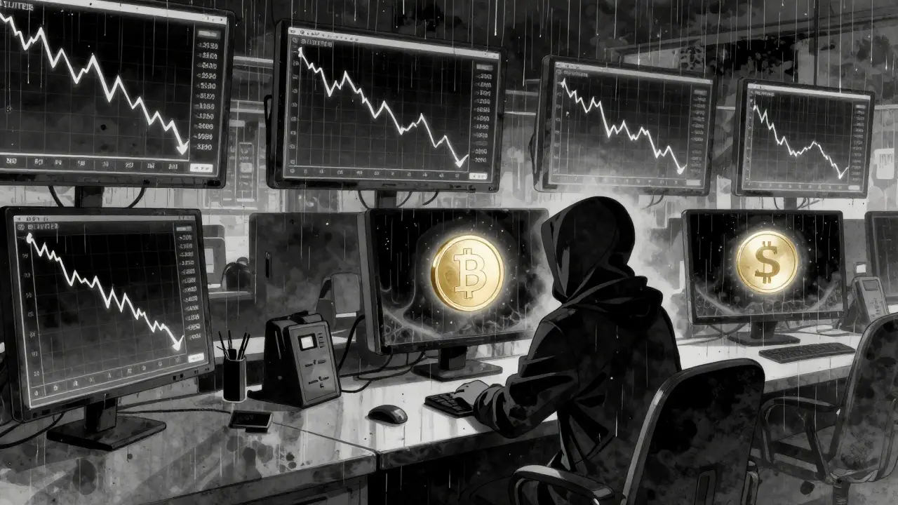 A lone staker in a dark trading room surrounded by falling SUTER price graphs under dim lighting.