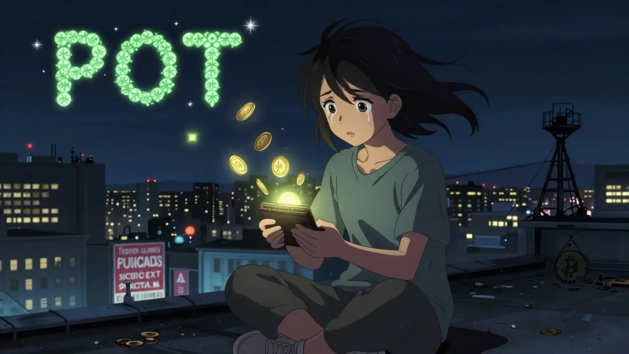 A patient on a rooftop surrounded by floating PotCoin coins, stars forming the POT logo, emotional manga expression.