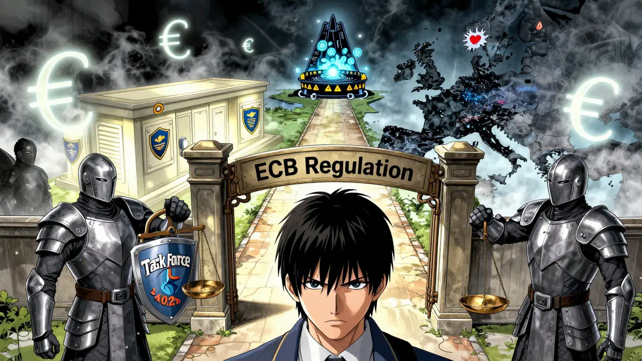 A regulatory gate splits into safe and risky crypto paths, guarded by stability figures under a European map.