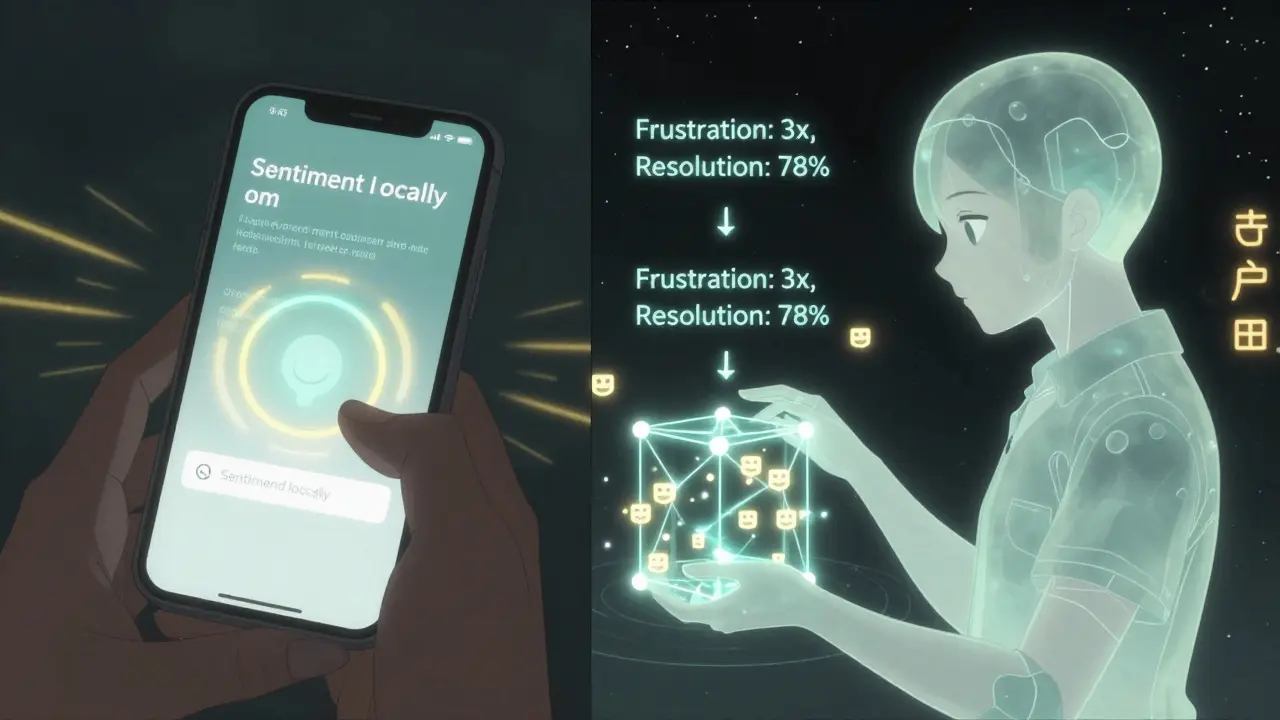 A smartphone processes private sentiment data while only encrypted summaries are sent to a glowing blockchain node.