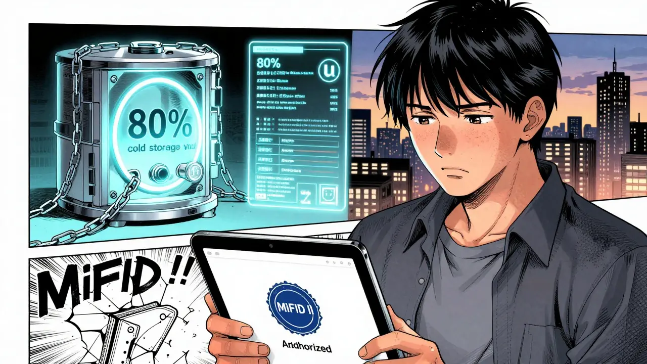 A trader holds a tablet showing MiFID II authorization as digital vaults split between secure and unstable states.