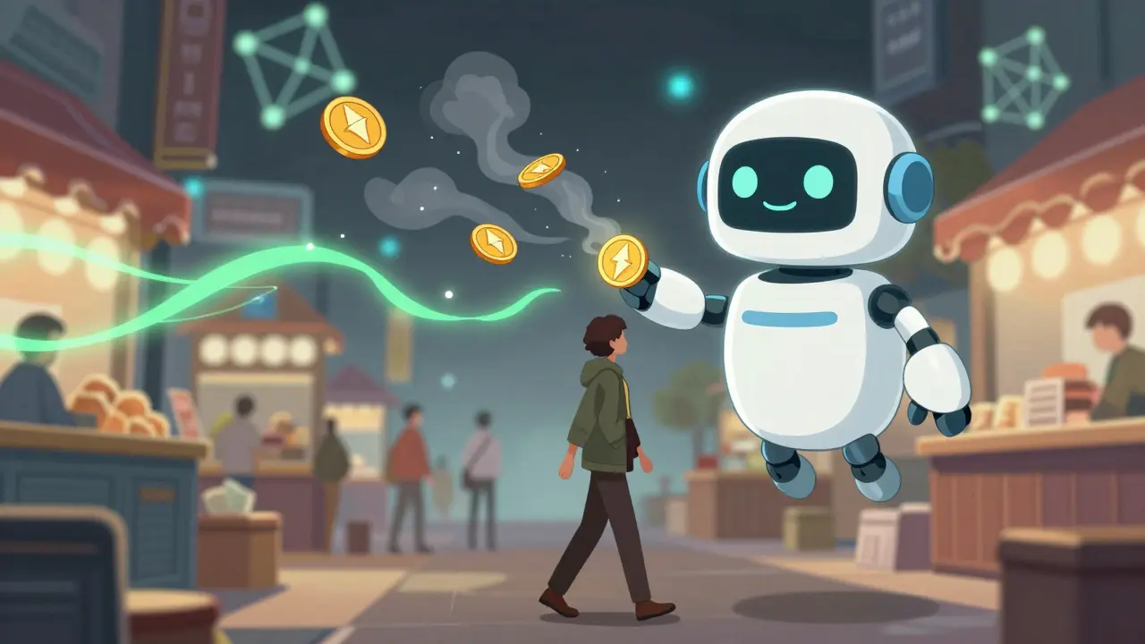A user walking through a digital market with a robot paymaster granting gas-free transactions.