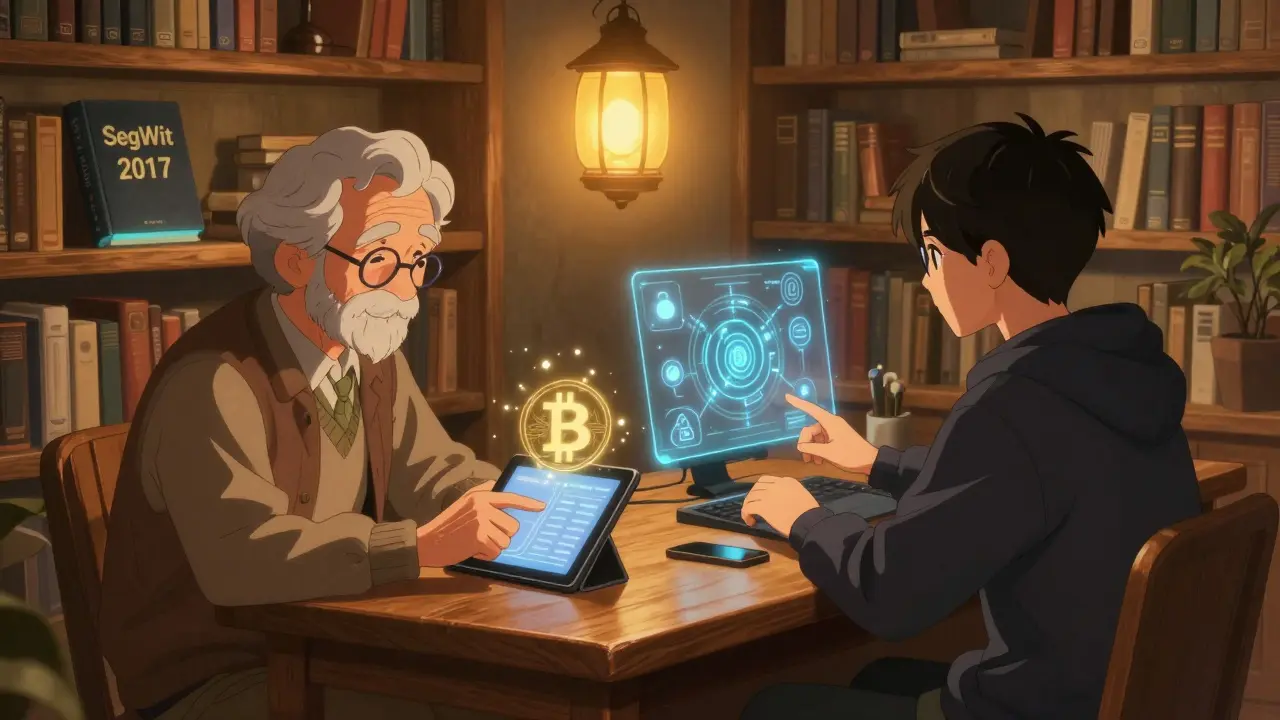 A user with an old device and a developer with a hologram peacefully coexist in a warm digital library.