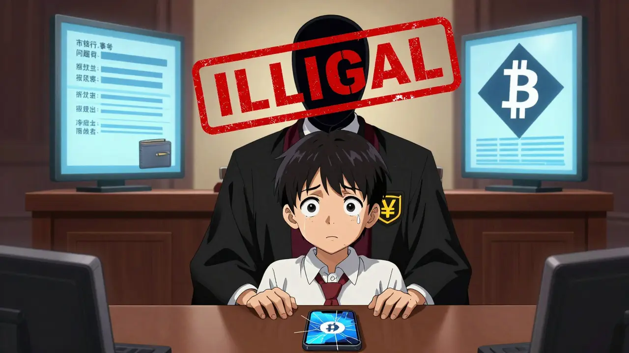 A young person in court facing a judge with a digital yuan emblem, screens showing confiscated crypto assets.