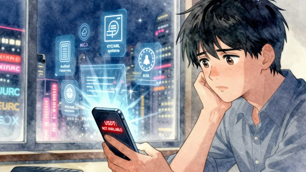 A young trader faces a red USDT ban alert on their phone, surrounded by floating MiCA compliance symbols in anime style.
