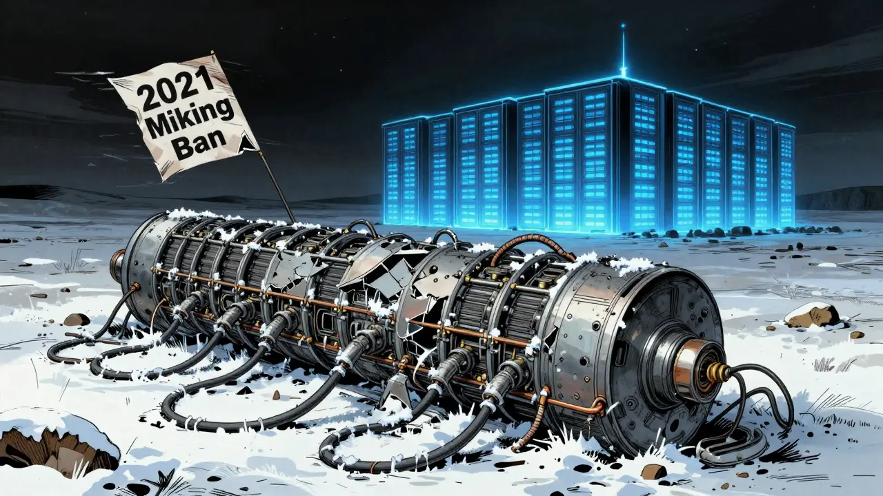 Abandoned mining equipment in a frozen landscape with a glowing digital yuan facility in the distance.