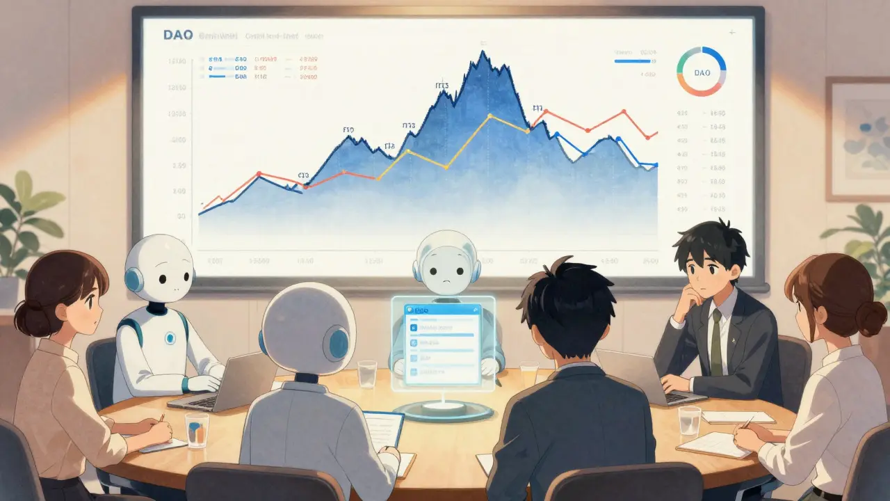 An AI agent comforts a frustrated community member as their emotional history is displayed on a floating wallet in a DAO meeting.