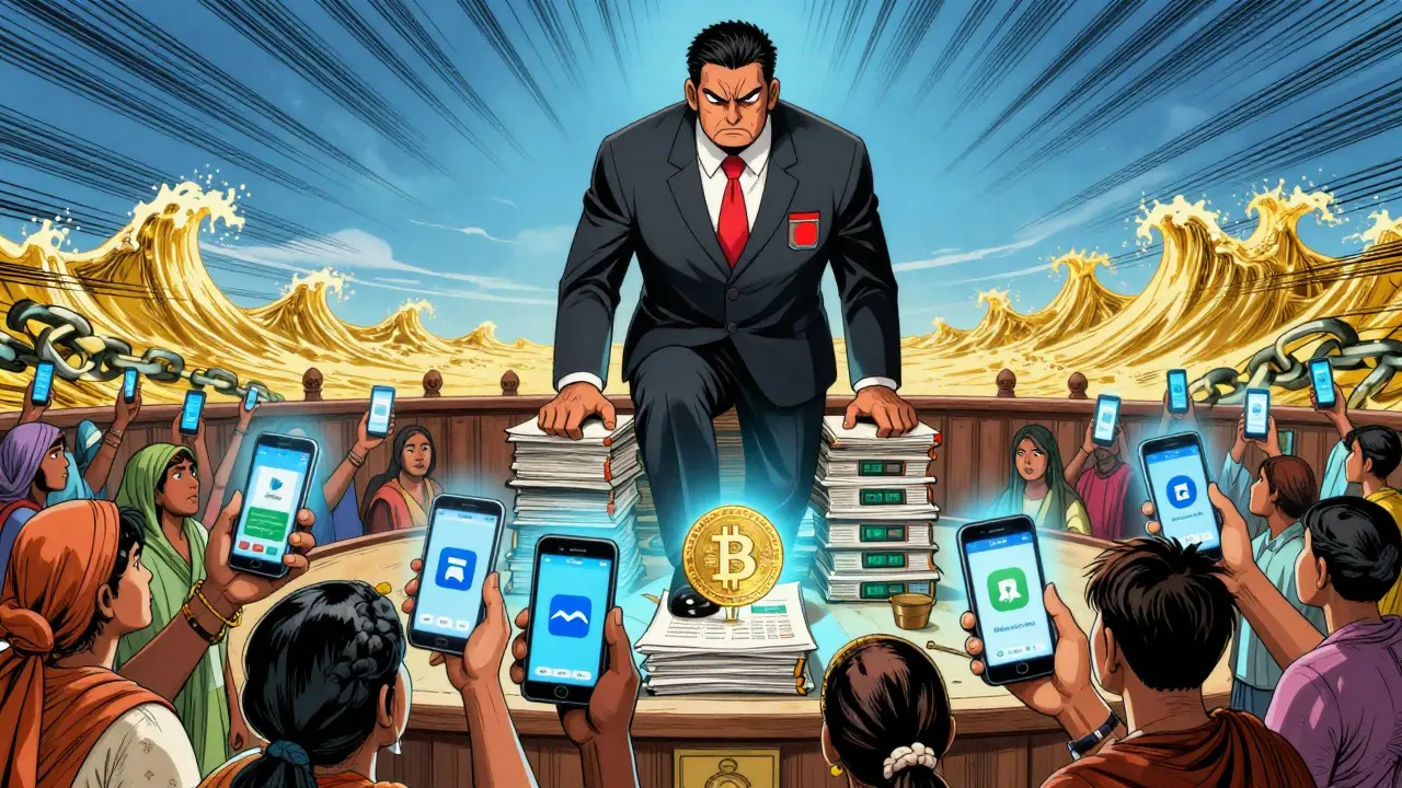 Bangladesh Bank official crushing Bitcoin while families use mobile remittance apps under hopeful light.