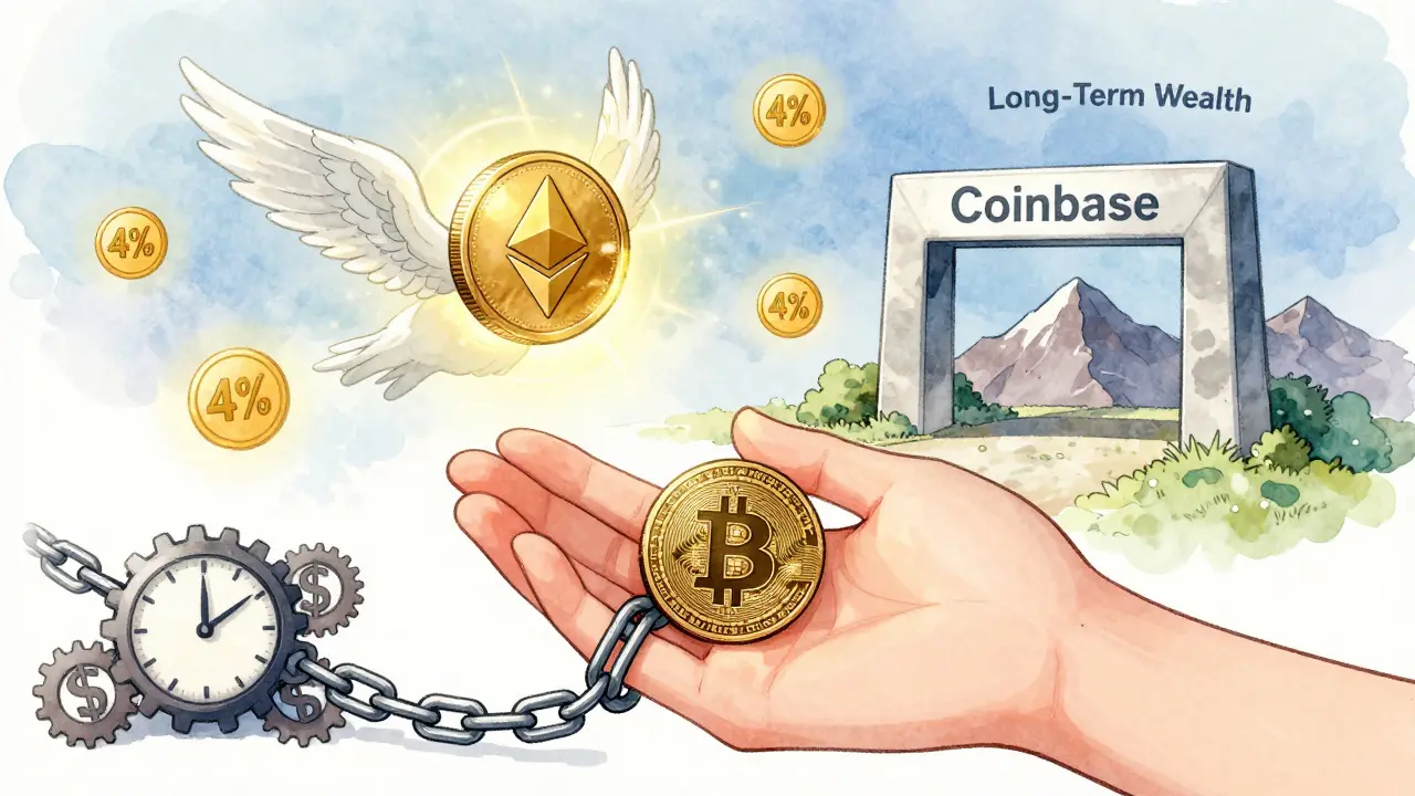 Bitcoin chained by fees and time, while Ethereum soars toward staking rewards in the distance.