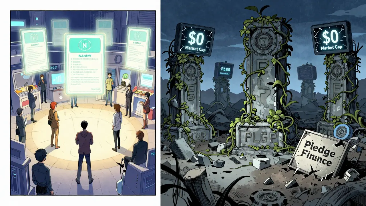 Contrasting scene: vibrant active DeFi hub vs. abandoned PLGR token graveyard under dawn and twilight.