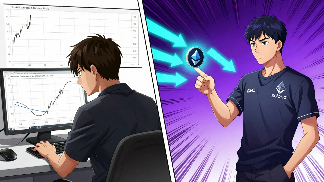 Contrasting scenes: frustrated trader with basic charts vs. smooth crypto swap on another platform.