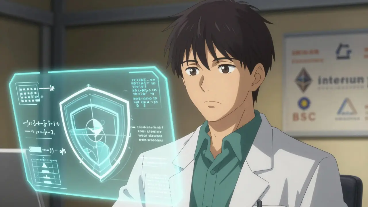 Dr. Huang Lin explaining Suter Shield with holographic zero-knowledge proofs in a high-tech lab.