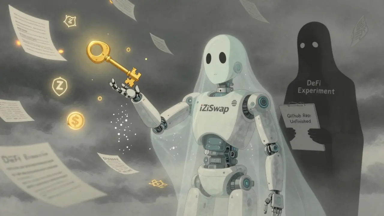 Ghostly robot made of price intervals dissolving into dust, symbolizing iZiSwap&#039;s unfinished liquidity experiment.
