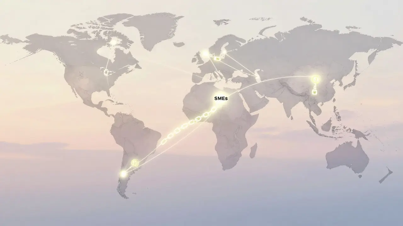 Global network of SMEs and investors connected by glowing invoice tokens on Polytrade's blockchain.