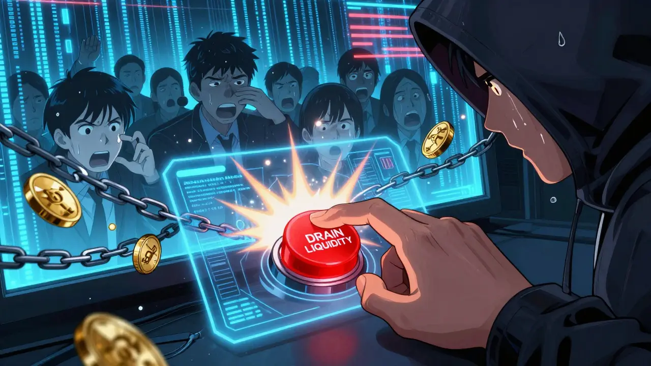 Hand activating a drain button on a smart contract, coins exploding as investors reach helplessly.