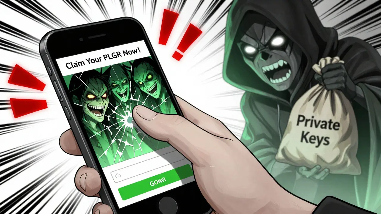 Hand hovering over a phishing link, with demonic reflections and a scammer ghost in the background.