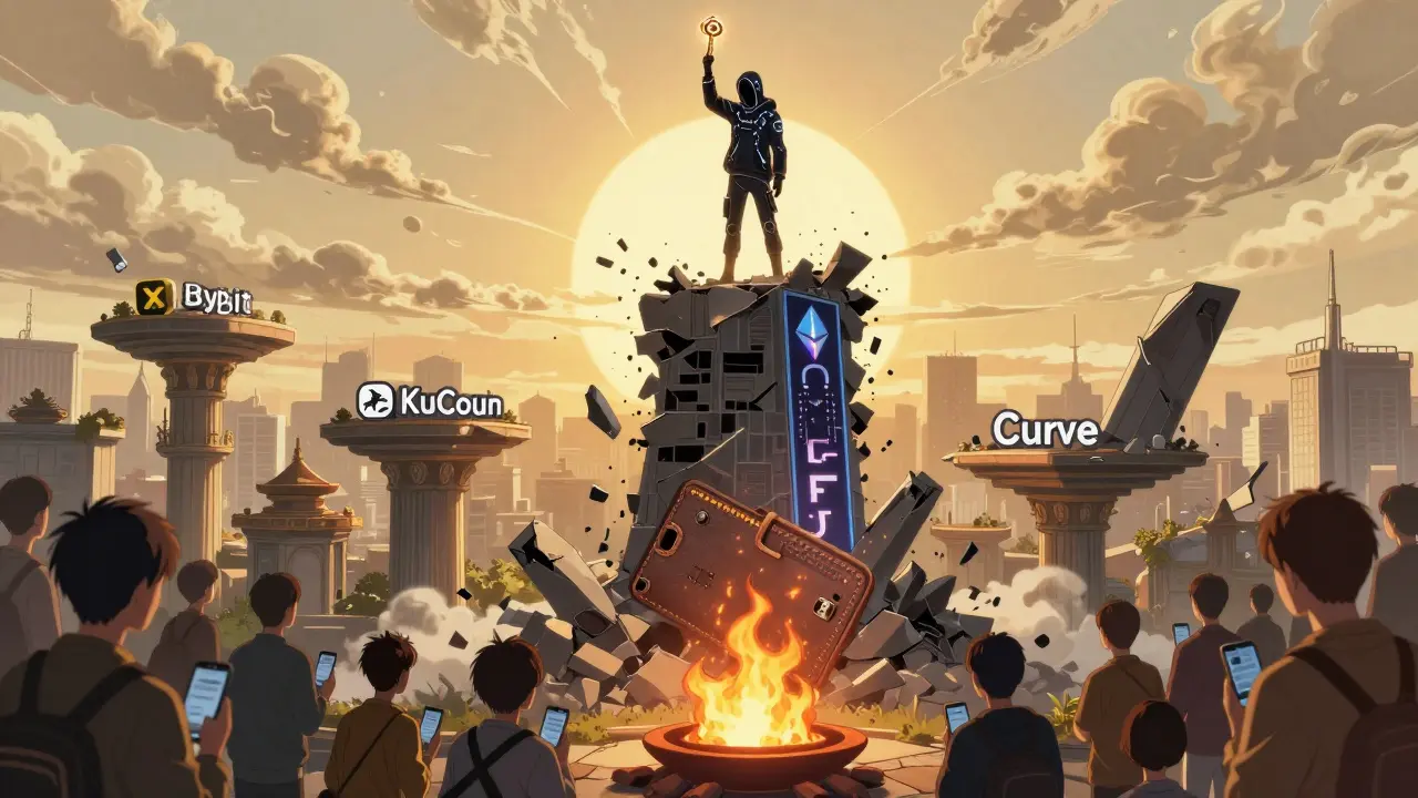 Hero destroying a fake exchange tower as real crypto platforms rise in the background under a sunrise.