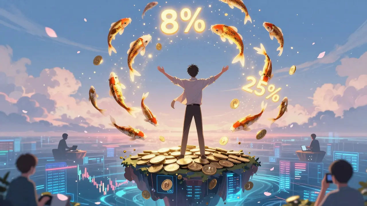 Liquidity provider on a coin island, APY percentages rising like koi fish, Cardano logo glowing in the sky.