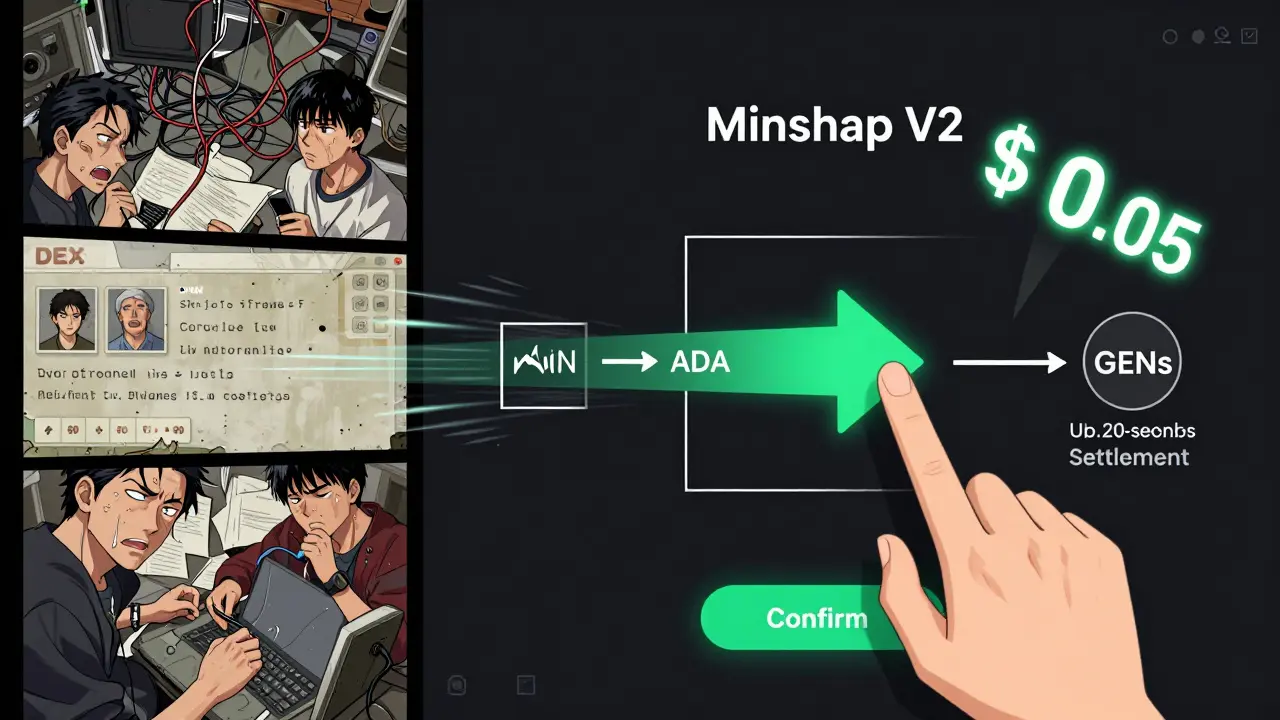 Manga-style comparison: chaotic old DEX vs. clean Minswap V2 swap with <h2>Liquidity Provision: Earn 8% to 25% APY</h2>.05 fee and fast routing arrow.