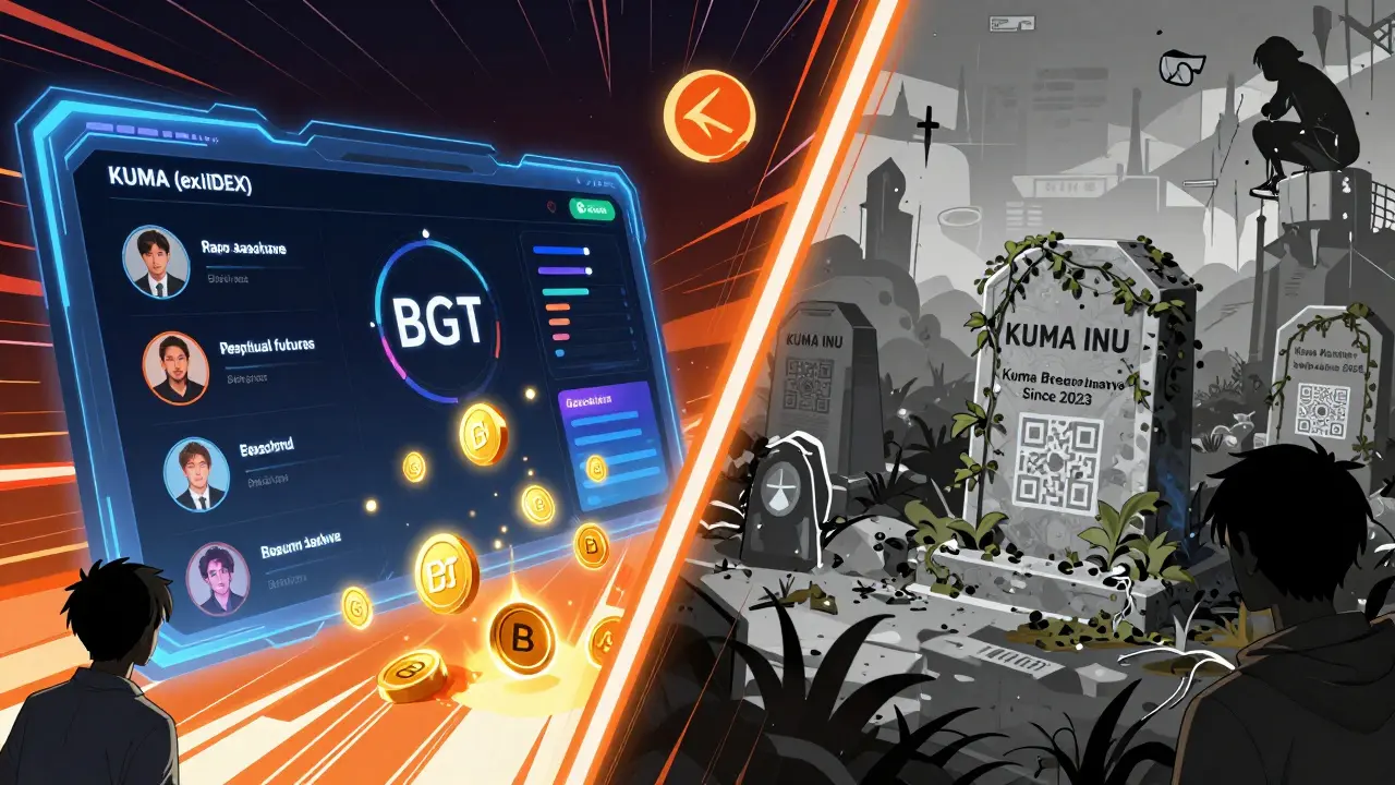 Split scene: active Kuma exchange with BGT rewards vs. abandoned Kuma Inu graveyard.