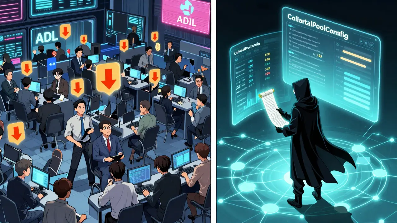 Split scene: chaotic centralized exchange ADL system vs calm DeFi smart contract liquidation in glowing blockchain.