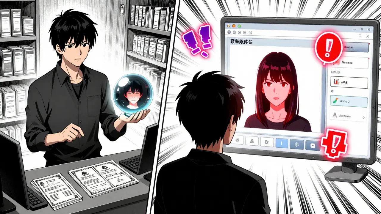 Split scene: dark web seller offering forged IDs vs. AI detection system spotting deepfake flaws in manga style.