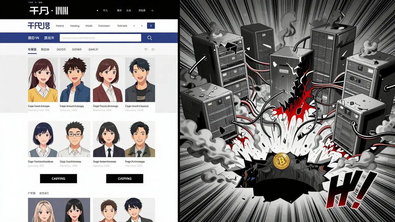 Split scene: fake Fmall Exchange website crumbling into digital decay with melting servers and void.