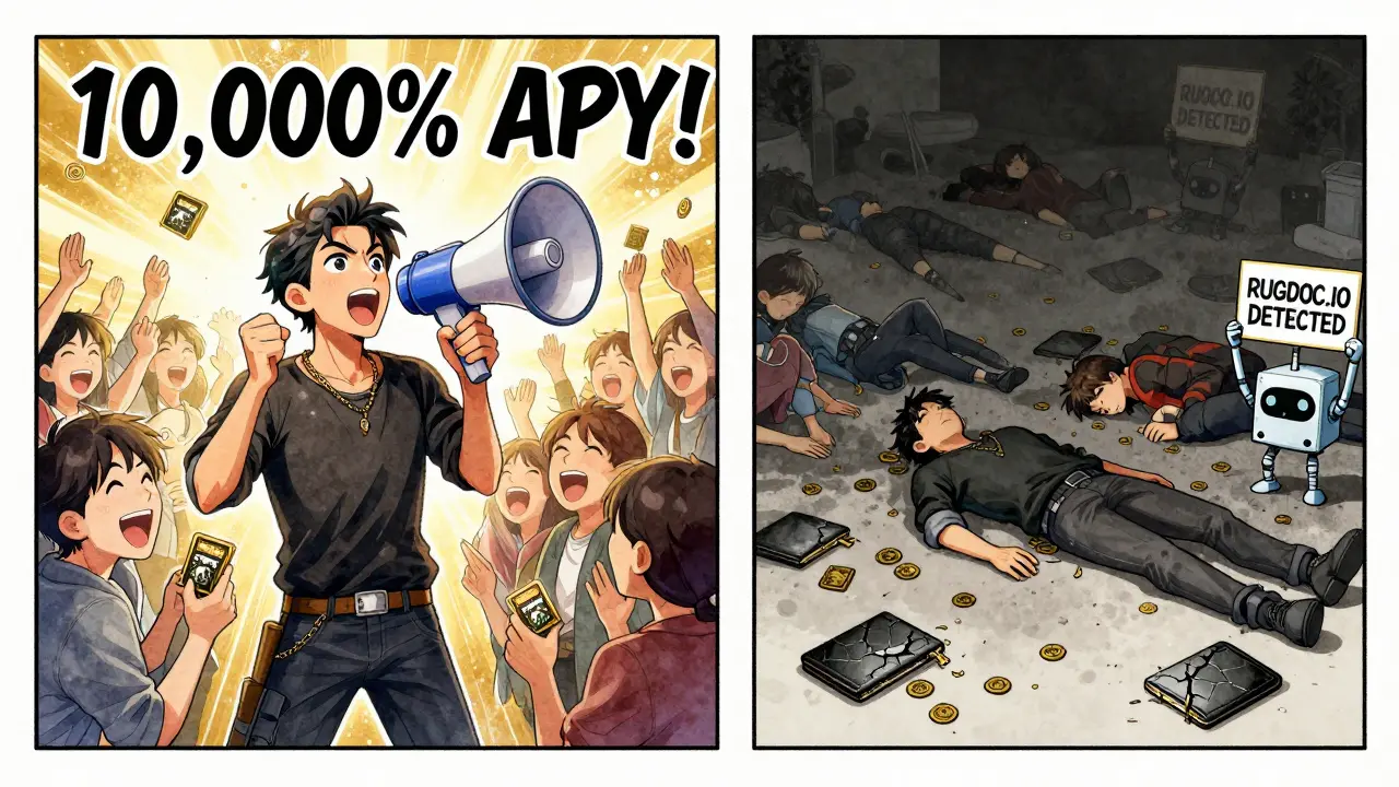 Split scene: influencer hyping crypto vs. aftermath with fans defeated and tokens scattered.