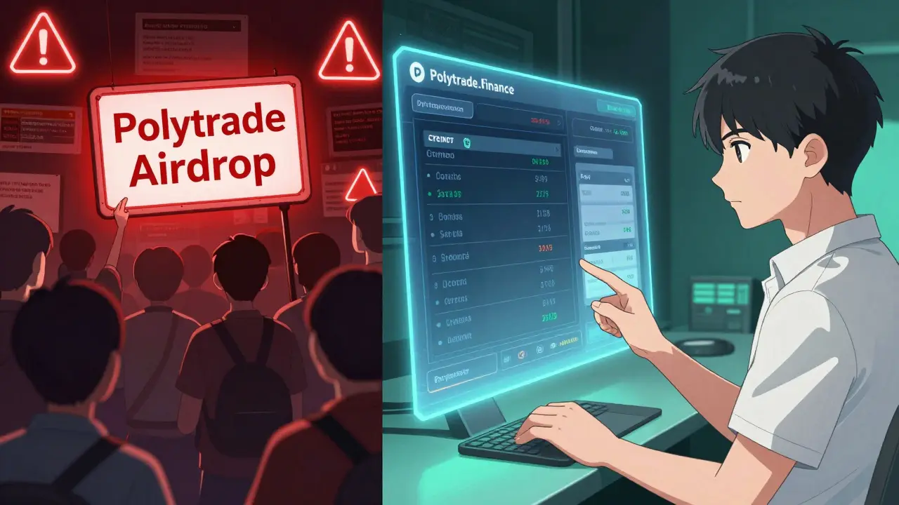 Split scene: scam seekers chasing fake airdrops vs. a user safely using the official Polytrade platform.