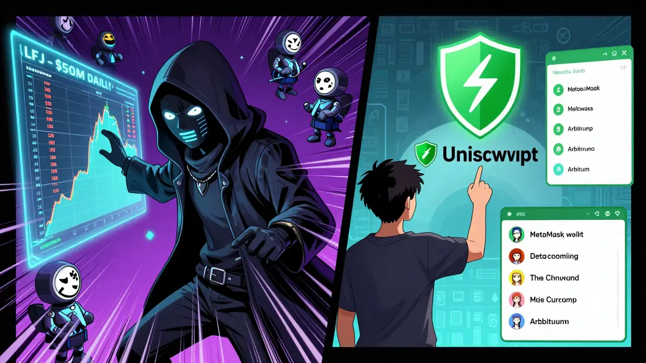 Split scene: scammer manipulating fake trading data vs. user safely trading on Uniswap with security icons.