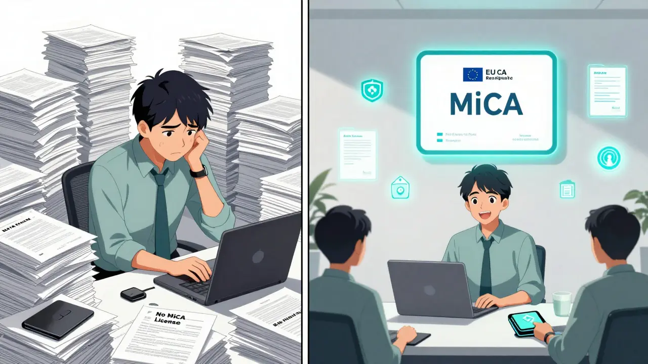 Startup founder transitioning from chaos to compliance under MiCA regulation