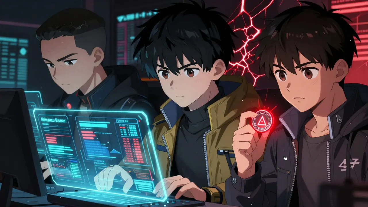 Three node operators monitoring multiple financial data feeds, with LINK tokens and median calculations glowing above them in anime style.