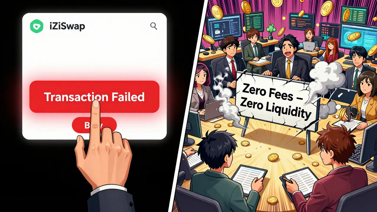 Trader facing failed transaction on iZiSwap vs. vibrant, busy Uniswap trading floor in split panel.