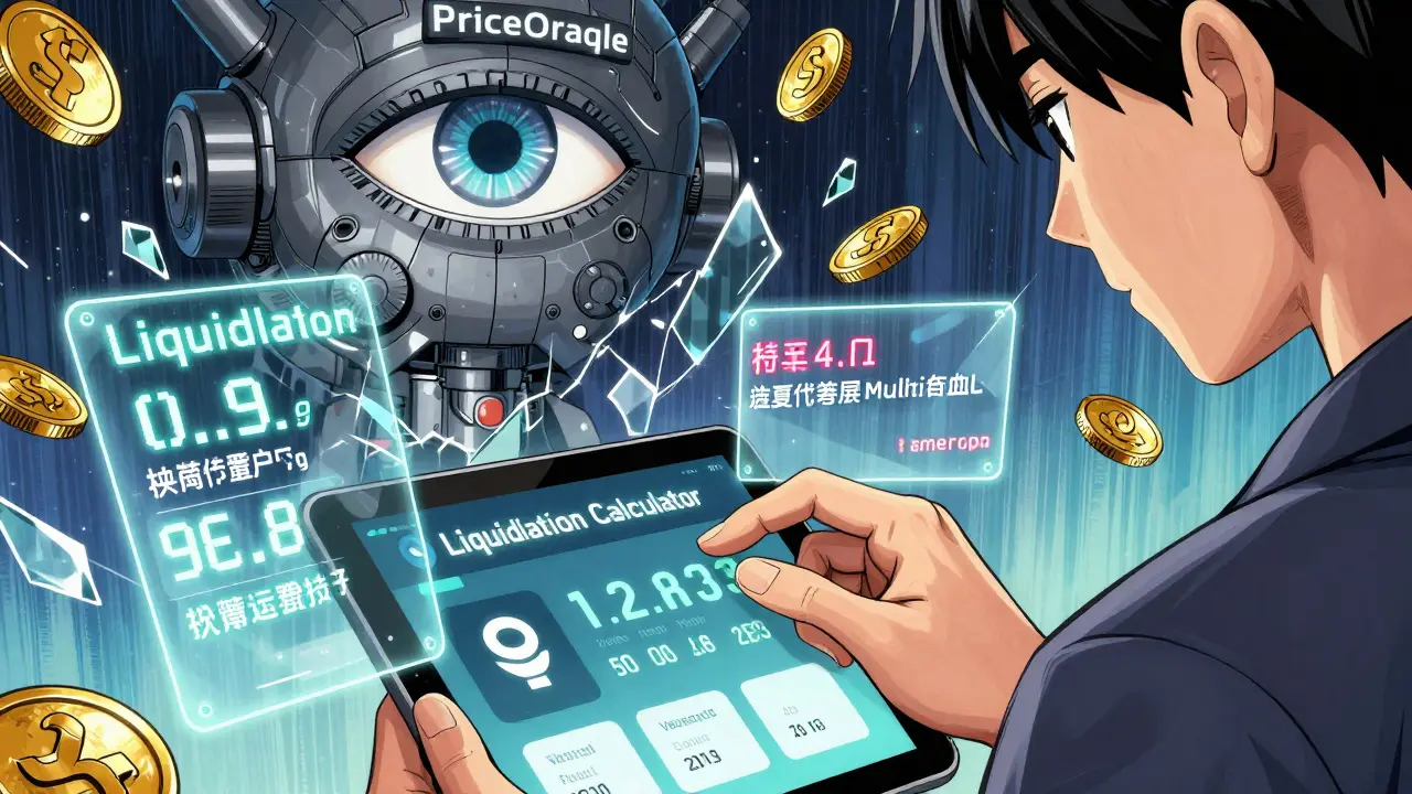 Trader using a liquidation calculator with floating collateral ratios, while digital warnings hover in a volatile market.