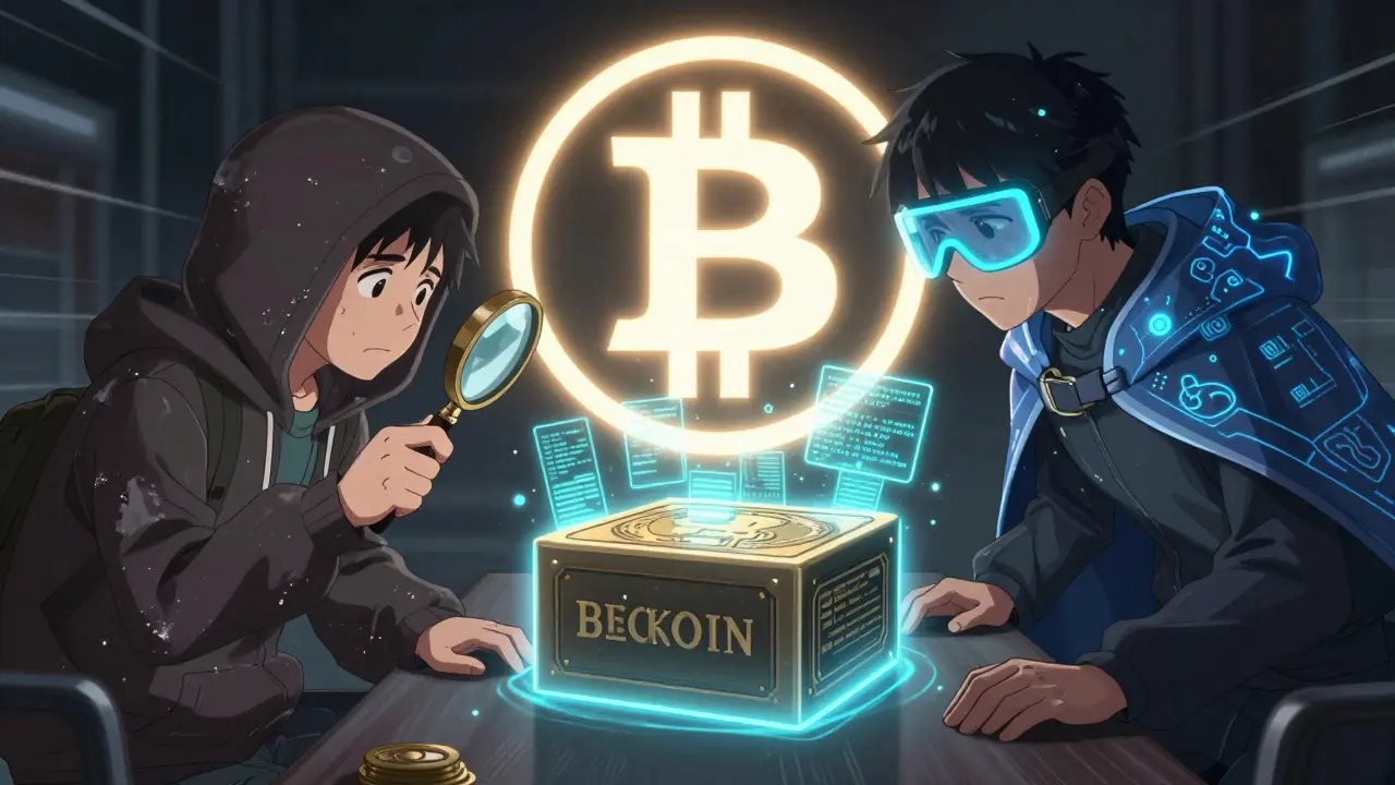 Two miners viewing the same blockchain block—one sees basic data, the other sees hidden signature code.