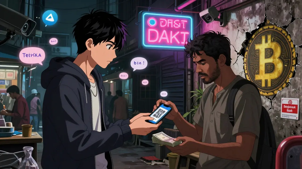 Underground crypto exchange in Dhaka night market with QR code and taka bills, hidden surveillance.