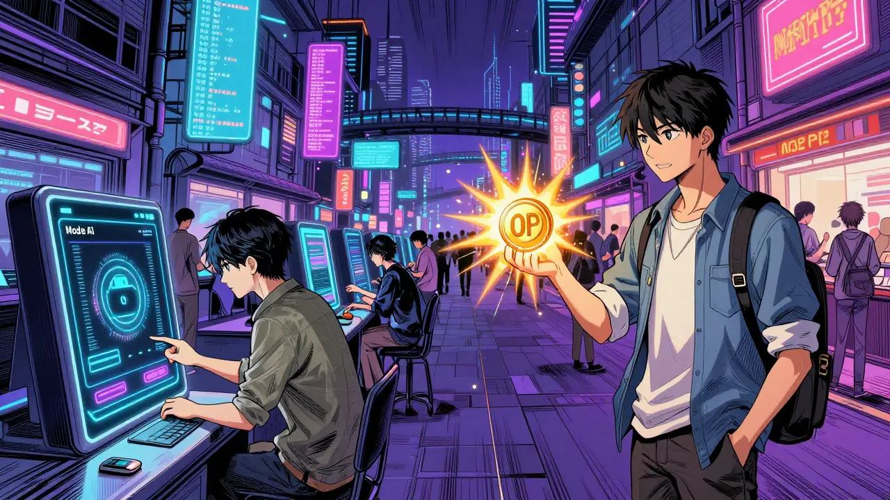 Users interacting with AI terminals in a neon cyberpunk marketplace, receiving OP token rewards on the Mode network.