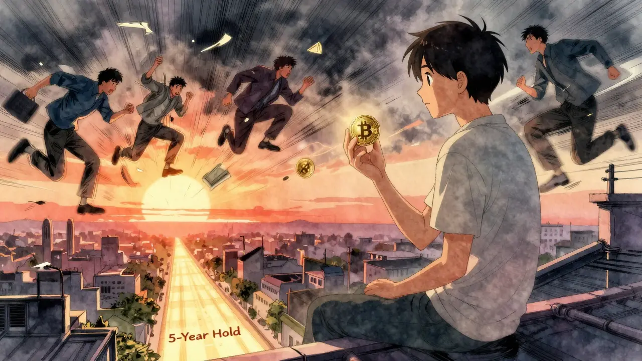 A calm long-term holder on a rooftop with a Bitcoin, contrasting chaotic day traders below, symbolizing resilience against heavy taxes.