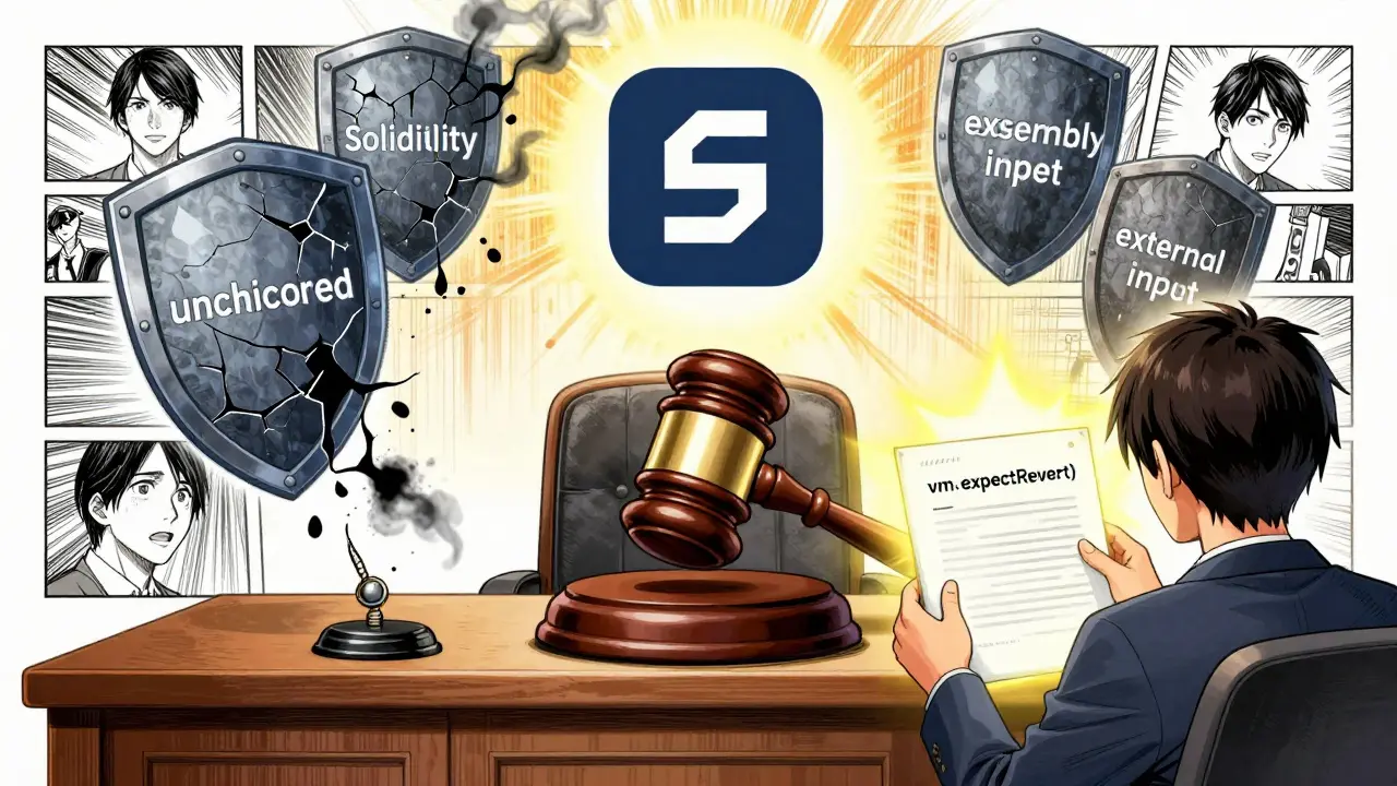 A digital courtroom with Solidity 0.8.0 shield cracking under unchecked code, developer holding test script.